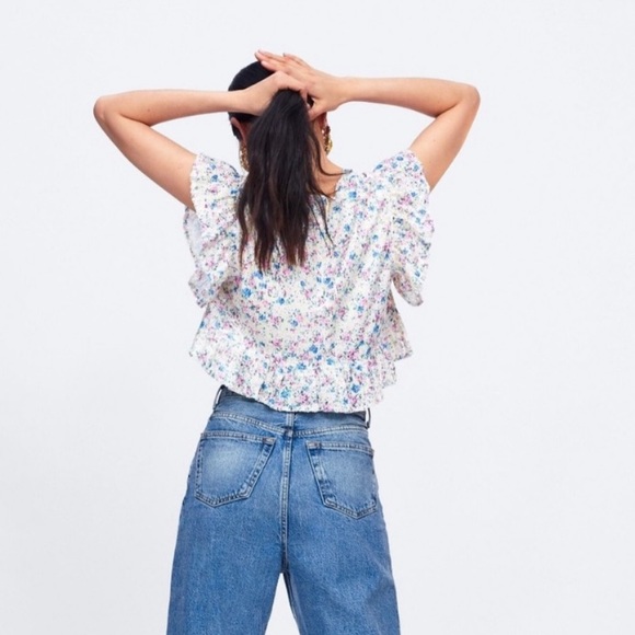 Zara Sequin Pastel Floral Ruffle Crop Top Blouse - Picture 6 of 12
